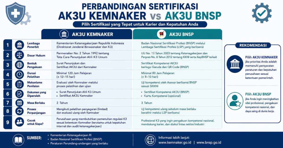 Infografis perbandingan sertifikasi AK3U Kemnaker dan BNSP
